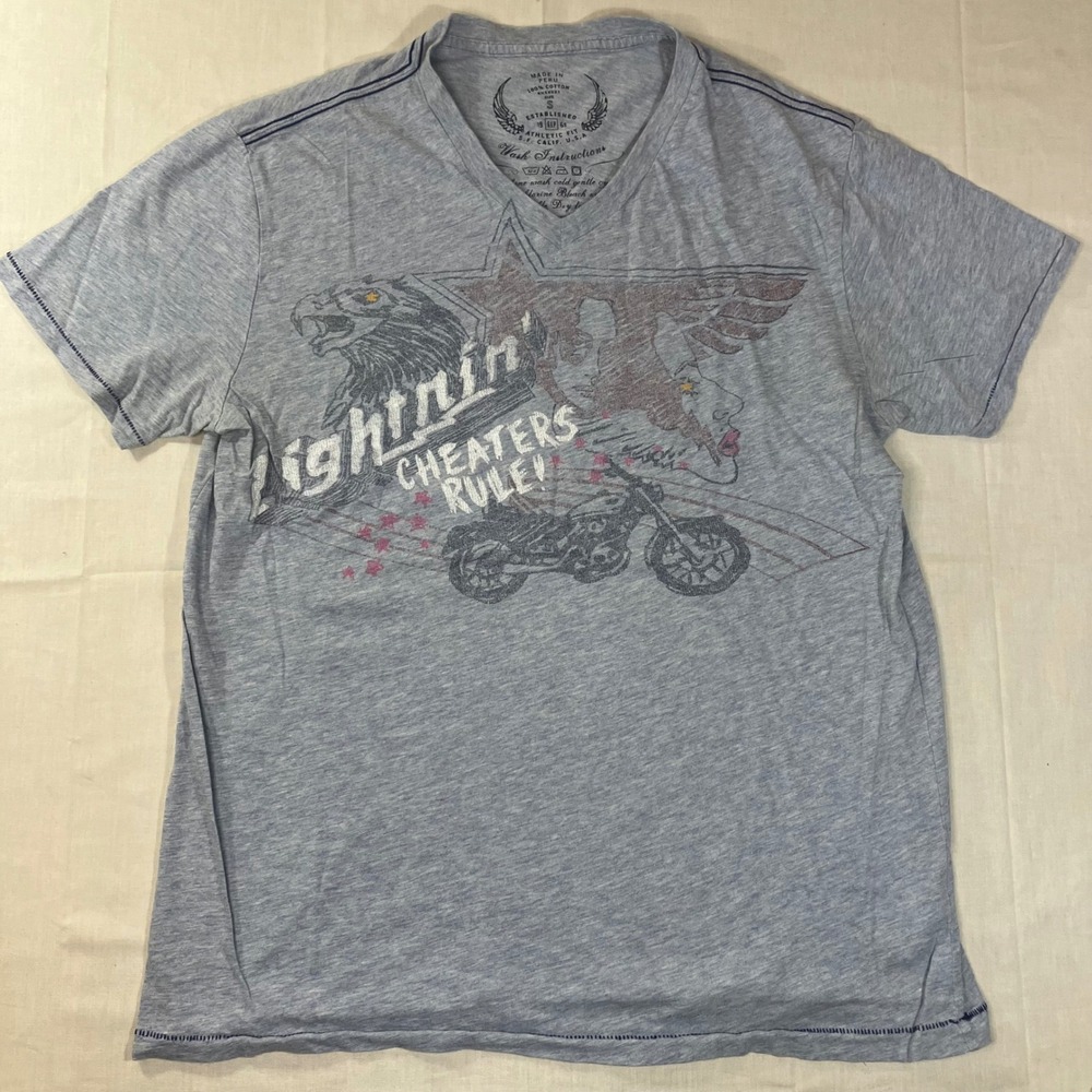 Gap Mens Small Gray V-Neck Graphic Tee Lightnin Cheaters Rule Motorcycle Eagle